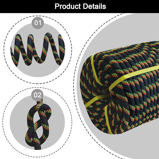 Double Braided Arborist Rope - 3/4 Inch x 50 Feet Polyester High Strength Climbing Rope for Tree Work, Swing, Halyard, Sailing(Black/Green/Orange)