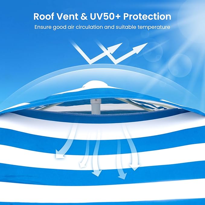 Grandekor 6'x6' UPF 50+ UV Protection Beach Cabana Canopy Portable Instant Setup with Sand Anchors Hanging Hooks Sidewalls Family Beach Outings Outdoor Shade Shelter Windproof Sand Pockets