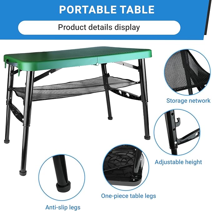 Portable Folding Table and Stool Set, Lightweight Foldable Table & Collapsible Stool for Camping Picnic Beach Fishing, Sturdy Small Outdoor Table with Mesh Layer Storage