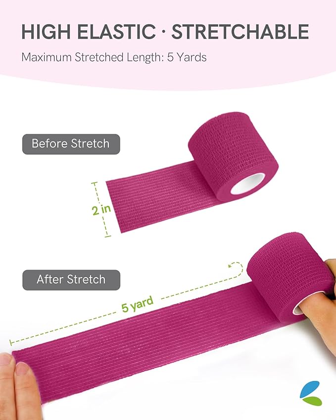 FriCARE Self Adhesive Bandage Wrap, Medical Tape in First Aid Kit, Cohesive Bandages for Wounds Sport Vet, FSA/HSA Eligible, 2 Inches X 5 Yards 6 Rolls, Magenta