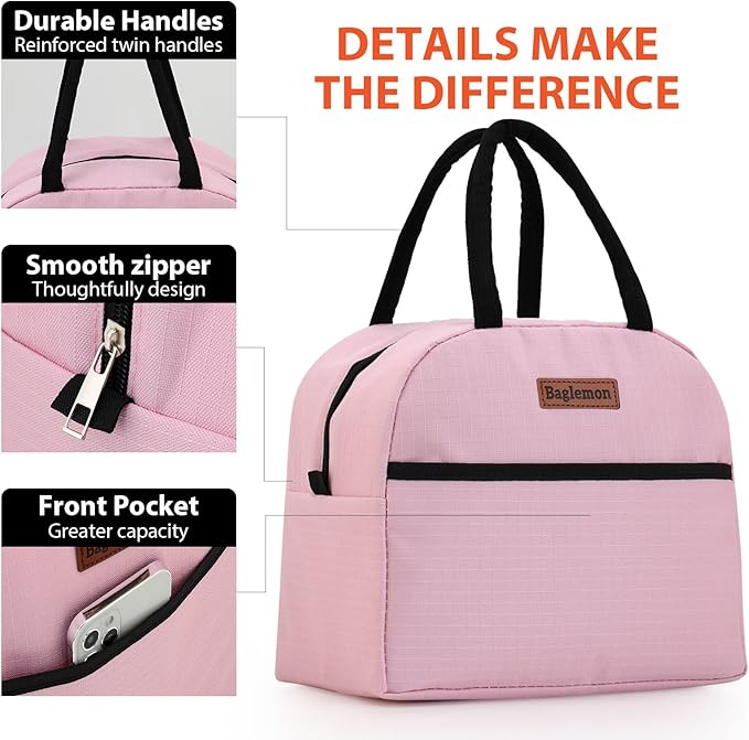 Insulated Lunch Bag for Women Men, Lunch Containers Reusable High Capacity Lunch Tote Bags for for Work Picnic(Pink)