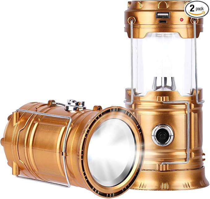 Solar Camping Lantern for Power Outages - USB Rechargeable Lamp Camping Essentials，Collapsible Waterproof Solar Lights for Indoor Outdoor Emergency Light/2 Packs/Gold