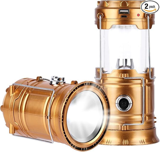 Solar Camping Lantern for Power Outages - USB Rechargeable Lamp Camping Essentials，Collapsible Waterproof Solar Lights for Indoor Outdoor Emergency Light/2 Packs/Gold