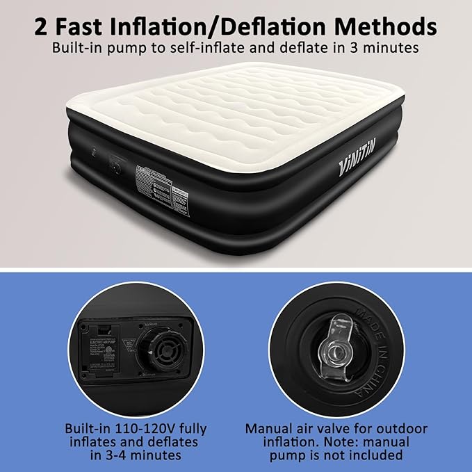 Air Mattress Queen with Built in Pump, 18" Elevated Inflatable Blow Up Mattress with Self-Inflation/Deflation, Soft Flocked Top Air Bed for Guest, Home,Camping, 80x60x18in, Max 660lb, Black