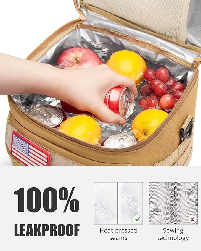 JOYHILL Tactical Lunch Box for Men, Insulated Lunch Bag with Detachable Bottle Pouch Holder, Large Durable Thermal Cooler Bag for Adult, Leakproof Bag for Work, Camping, Picnic, Black,13 L/18 Can