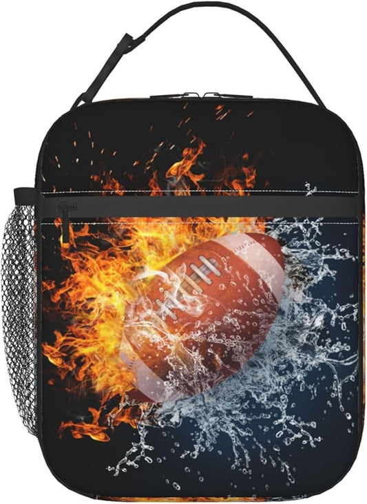 American Football Lunch Bag For Boys Girls, Reusable Fire Water Sport Lunch Box Insulated Portable Lunch Tote For Kids School Men Women Adults Work Travel