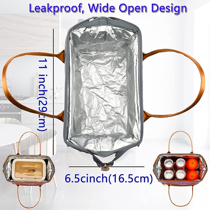 FlowFly Insulated Lunch Bag Wide-Open Lunch Box Large Tote Leakproof Cooler with Drink Holder and Multi Pockets for Women Men Adult Kids Work Picnic Travel Beach Hiking, Purple