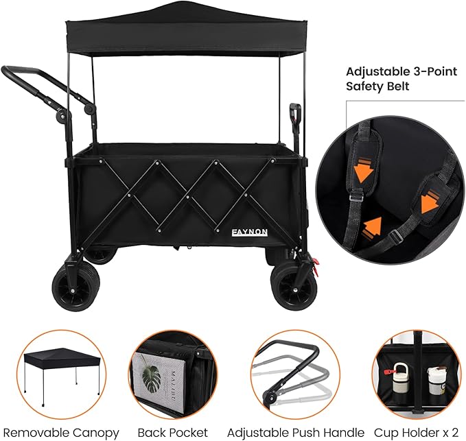 2 in 1 Collapsible Wagon with 300lbs Weight Capacity,150L Heavy Duty Utility Cart with Removable Canopy,with Big All-Terrain Beach Wheels & Drink Holders,Black