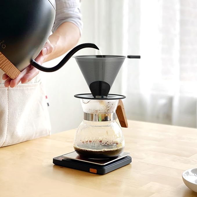 Pour Over Coffee Dripper Filter: Reusable Stainless Steel Coffee Filters - Metal Cone Filter Paperless Single Cup Coffee Maker 1-4 Cup with Double Mesh & Non-slip Cup Stand Black