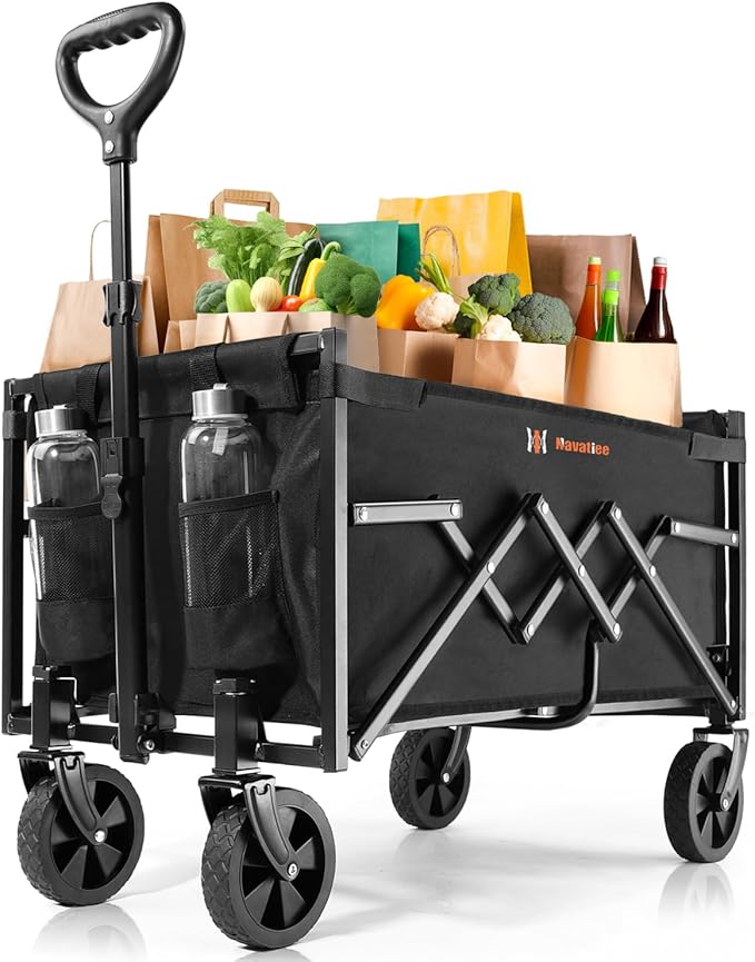 Navatiee Portable Foldable Collapsible Wagon with Wheels, 220lbs Weight Capacity Utility Grocery Shopping Cart, Lightweight Mini Folding Wagon for Outdoor, Black