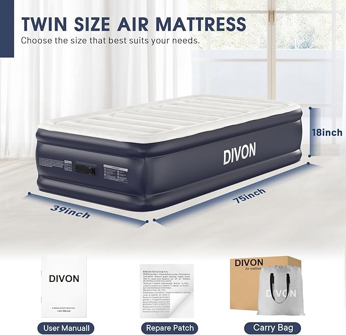 Twin Air Mattress with Built-in Pump,18''Raised Blow Up Mattress 2 Mins Self Inflation/Deflation,Upgraded Thicker Inflatable Mattress，Flocked Top Air Bed with Storage Bag for Guests,Home，Camping