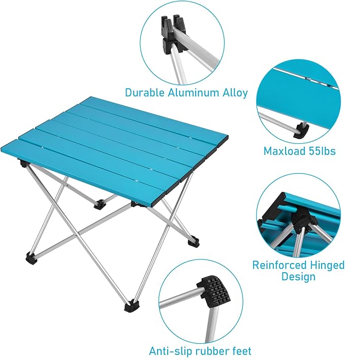 Tesouro Portable Camping Table,Folding Side Table Aluminum Top for Outdoor Cooking, Hiking, Travel, Picnic (Large, Blue)