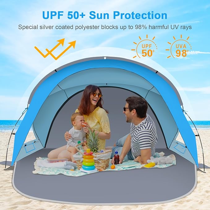Gorich Beach Tent Sun Shelter with UPF50+ UV Protection for 3-6 Person, Lightweight & Portable Beach Shade Canopy with 2 Zippered Doors, Easy Setup Family Beach Umbrella