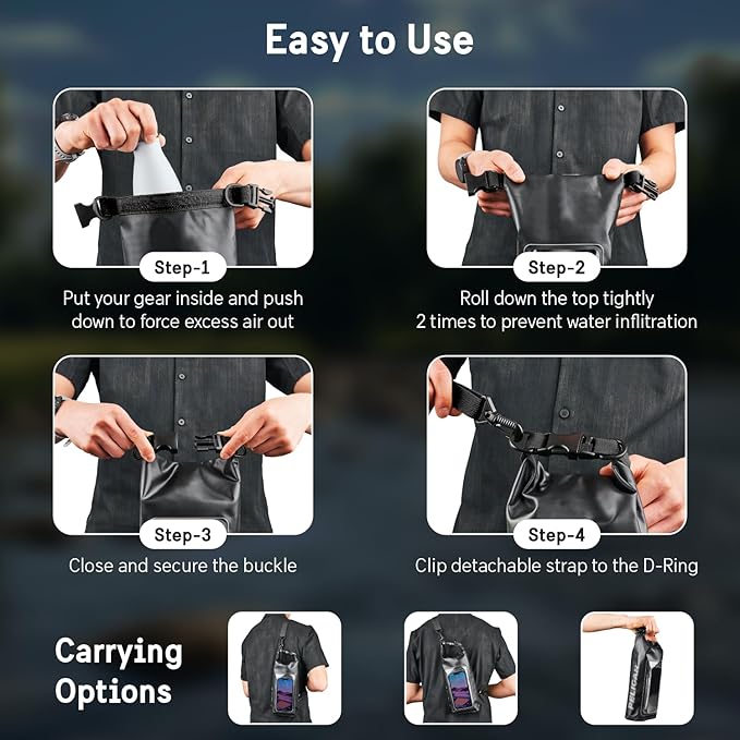 Pelican Marine IP68 Waterproof Dry Bag 2L - Roll Top Waterproof Backpack w/ Phone Case / Pouch - Boating & Kayak Accessories - Essentials for Camping Swimming Beach Fishing Rafting Travel - Black