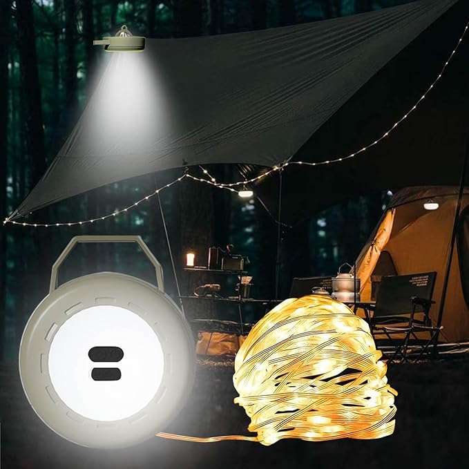 Retractable Camping String Lights Reel, Portable Stowable Rechargeable Strip Light, Waterproof Tent Lantern for Outdoor Hiking Awning Garden Party Festival Decor (Green)