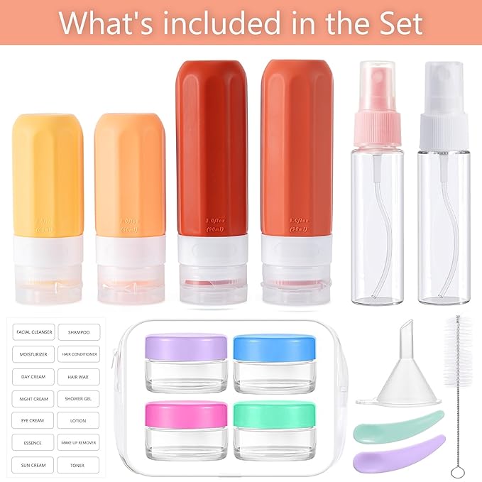 MODENGKONGJIAN 16 Pack Travel Bottles for Toiletries,TSA Approved Silicone Squeezable Travel Shampoo Bottles, 3oz Leak Proof Refillable Toiletry Cosmetic Containers (16PCS/Brown)