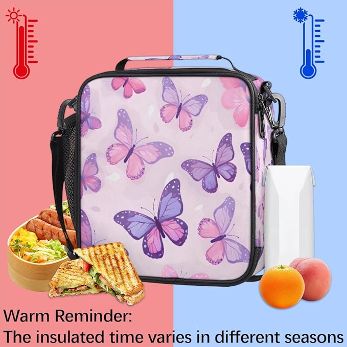 Pardick Butterfly Kids Lunch Bag Purple Insulated Lunch Box Mini Cooler Back to School Thermal Meal Tote Kit Bento Tote Bags Thermal Lunchbox for Boys Girls