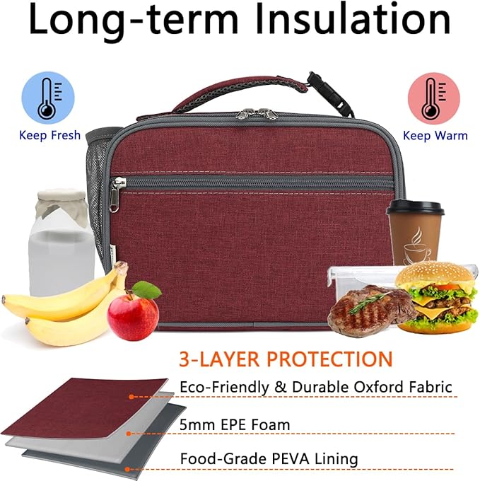 Insulated Lunch Box for School, Thermal Reusable Durable Freezable Lunch Bags for Kids Boys Girls Men Women - Small Soft Cooler Portable Lunch Tote Kit for Work Picnic Travel,Dark Red