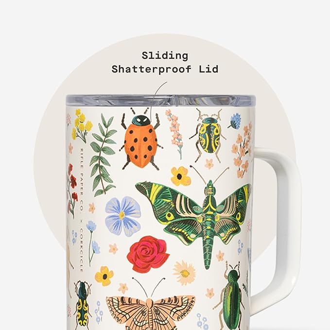 Corkcicle x Rifle Paper Co. Triple Insulated Coffee Mug with Lid & Handle - Keeps Beverages Hot for 3+ Hours - Gift for Mom - Great for Mother's Day or Christmas - 16 oz - Curio Cream