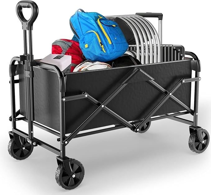 Collapsible Wagon Cart with 5" Removable 360° Swivel Wheels & Handle Adjustable, 220lbs Capacity， Waterproof 600D Oxford Fabric & MDF Base, All-Terrain Portable Utility Cart for Shopping, Garden， Pet