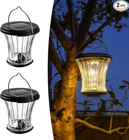 Glass Solar Lantern Outdoor, Waterproof Hanging Solar Lights for Outside with Modular Design, 3000K LED, Auto On/Off Table Lamp for Garden Patio Yard Fence Wall Decorative, Warm White(2 Pack)