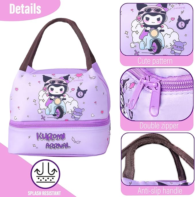 Kawaii Insulated Lunch Bag for Women Men, Cute Reusable Large Capacity Lunch Box, Double Compartment Container Lunch Tote Bag, Thermal Cooler Bag Food Handbags for Work Travel (Purple)