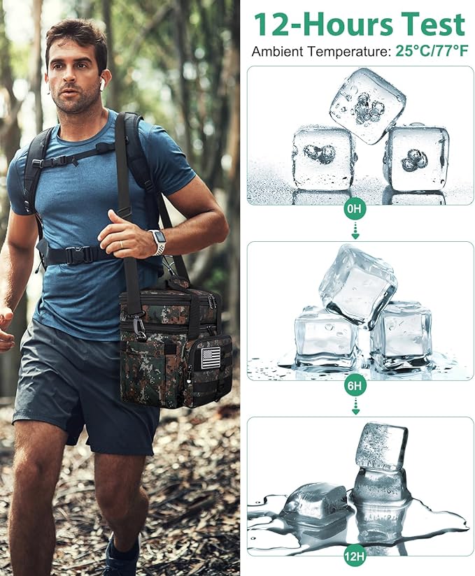 Tactical Lunch Box for Men, Large Insulated Lunch Bag Adult, Heavy Duty Double Deck Expandable Lunch Cooler Bag Leakproof Waterproof Lunch Tote for Work Office Camping Travel-Camo Green