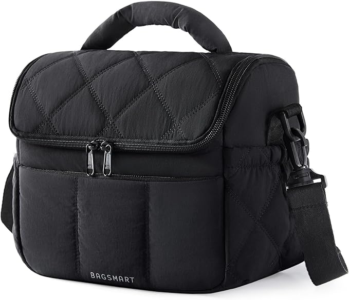 BAGSMART Insulated Lunch Bags for Women, Cute Quilted Lunch Box, Lightweight Puffy Padded Waterproof Lunch Tote, Reusable Lunch Cooler for Work Picnic Travel, Black