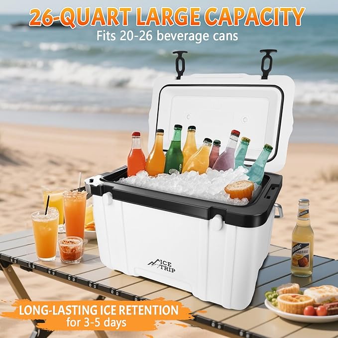 26 Quart Ultra-Light Insulated Rotomolded Hard Cooler, Portable Ice Chest Lunch Box for Drink, for Camping, Travel, Outdoor, Premium Everyday Use Ice Retention Cooler, 5 Day Cold Retention