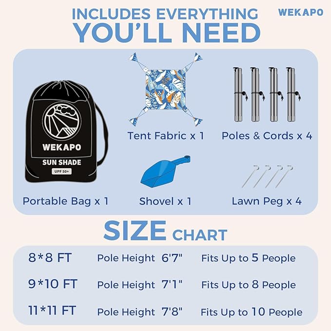 WEKAPO Beach Tent Sun Shelter - Easy Setup Beach Canopy with 4 Sturdy Poles, Large Sandbags and Shovel, 7'1'' Tall, Windproof Sun Shade for Backyard and Camping, UPF 50+ Protection