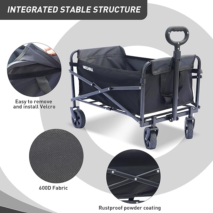 Collapsible Folding Wagon Cart with 5" All Terrain Wheels Heavy Duty Folding Portable Wagon 110L Capacity for Camping, Sports, Shopping Black