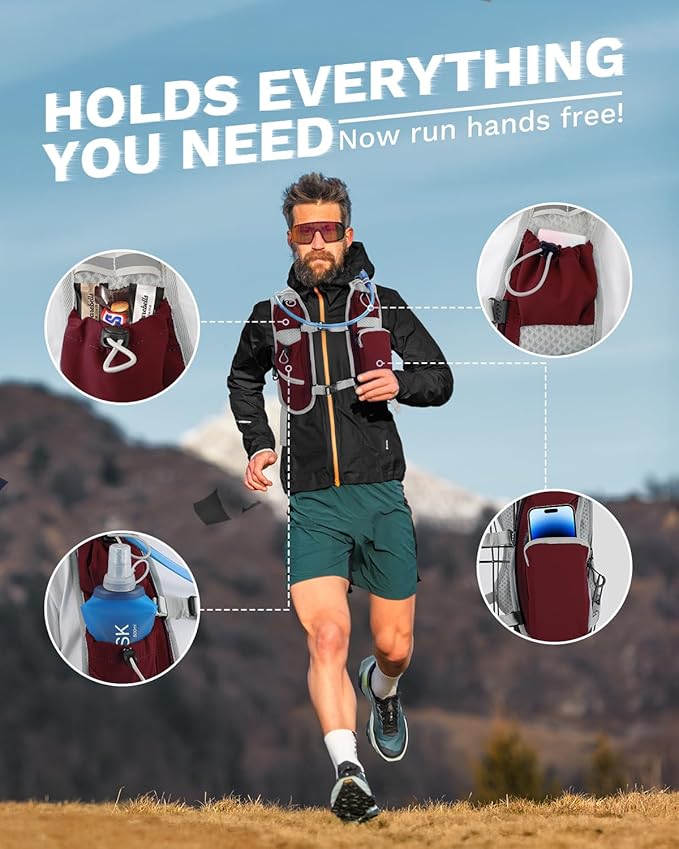 Running Vest for Women and Men, Hydration Backpack for Runners, Trail, Hiking, Biking and Walking, with Front Phone Holder, Adjustable Chest and Waist Strap