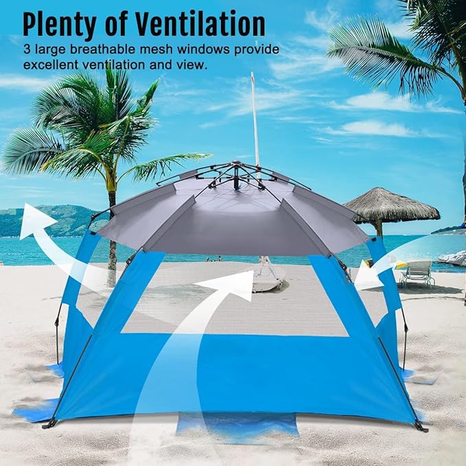 WhiteFang Deluxe Pop Up Beach Tent Sun Shade Shelter for 3-4/5-6 Person, UV Protection, Extendable Floor with 3 Ventilating Windows Plus Carrying Bag, Stakes, and Guy Lines