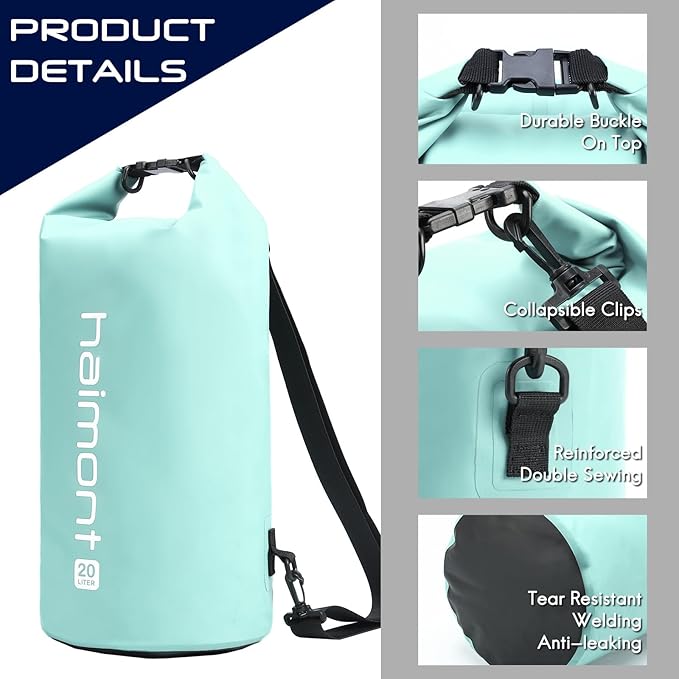 Haimont Waterproof Dry Bag Floating Dry Sack Roll Top Drybag Backpack for Kayaking, Rafting, Boating, Fishing with IPX8 Waterproof Phone Case, Aqua Green, 20L