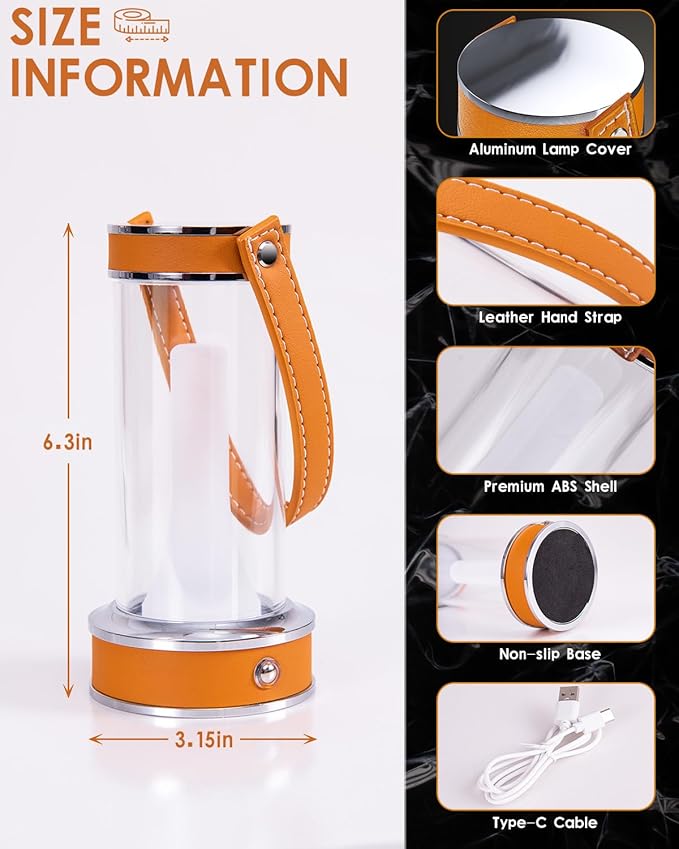 ROSHWEY Rechargeable Table Lamp, Portable Camping Lantern Dimmable Small Nightlight for Indoor Outdoor, Home Emergencey and Outages Lights, Orange Handle