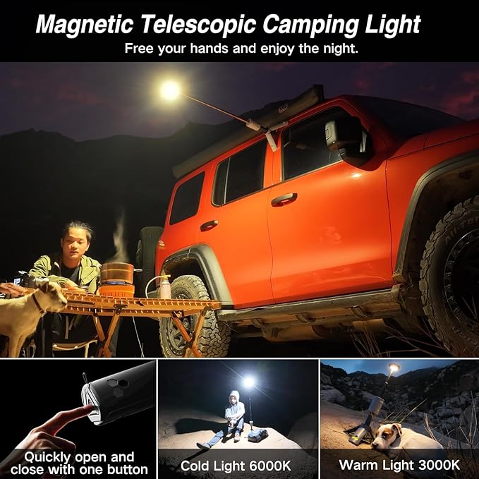 Camping Light Telescopic, Collapsible Magnetic Camping Lantern with 12000mAh Battery, Telescoping IPX6/IPX7 Waterproof Flashlights, Camping Lamp for Emergency, Camping, Hiking (Desert Yellow)