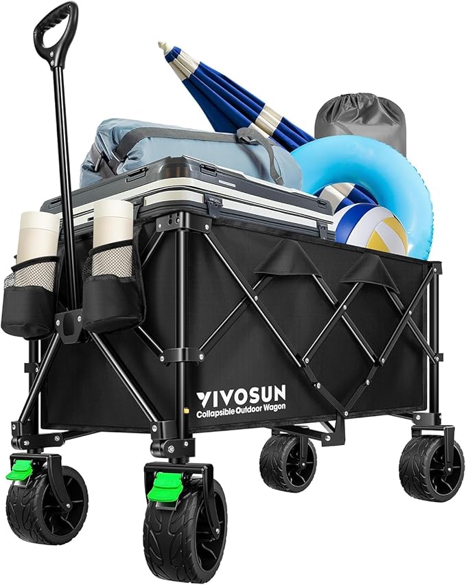 VIVOSUN Collapsible Folding Wagon, Outdoor Utility with Silent All-Terrain Wide Wheels, Adjustable Handle, Cup Holders & Side Pockets, for Camping, Beach, Shopping, Garden, Sports, Picnic, Black