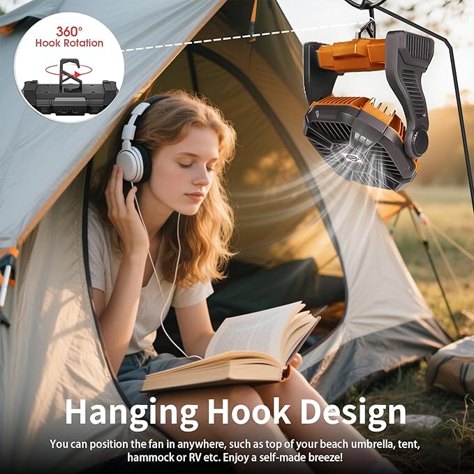 CONBOLA 25400mAh,Camping Fan, Portable Fans Rechargeable 9-Inch Battery Powered (180Hrs) LED Lantern, USB C Battery Beach Fan.