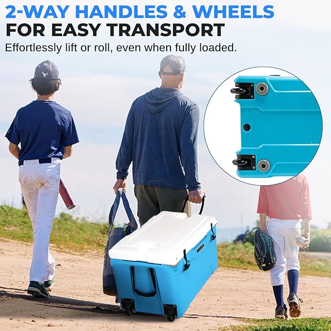 SereneLife Ultra-Tough 75 Quart Rotomolded Cooler Box with Wheels, Holds Upto 104 Cans, Keeps Ice Up to 5 Days, Heavy-Duty Insulated Portable Ice Chest Box, Ideal for Camping, Beach, and Outdoors