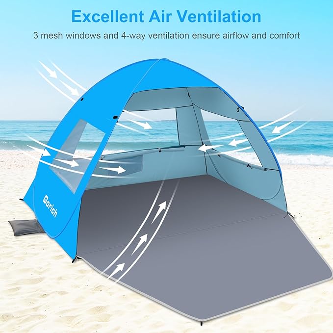 Gorich Easy Pop Up Beach Tent for 3-4 Person, UPF 50+ UV Protection Beach Umbrella Sun Shelter, Portable Lightweight Cool Cabana Shade with Easy Foldable & Instant Setup
