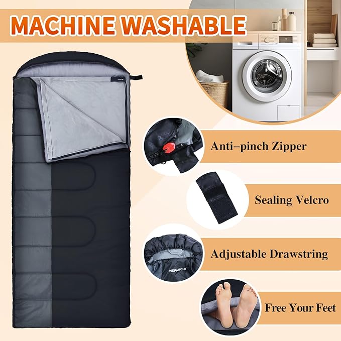 XL 10 Degree Sleeping Bags Waterproof for Adults 350GSM Machine Washable with Compression Sack for 3-4 Season Camping Outdoor