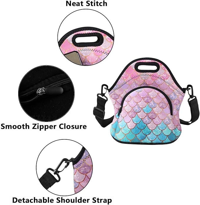 Violet Mist Womens Insulated Lunch Bag Cute Neoprene Insulated Lunch Bag Tote Unicorn Mermaid Cartoon Pink Food Handbags Large with Extra Pocket Detachable Adjustable Shoulder Lunch box for Women Lady