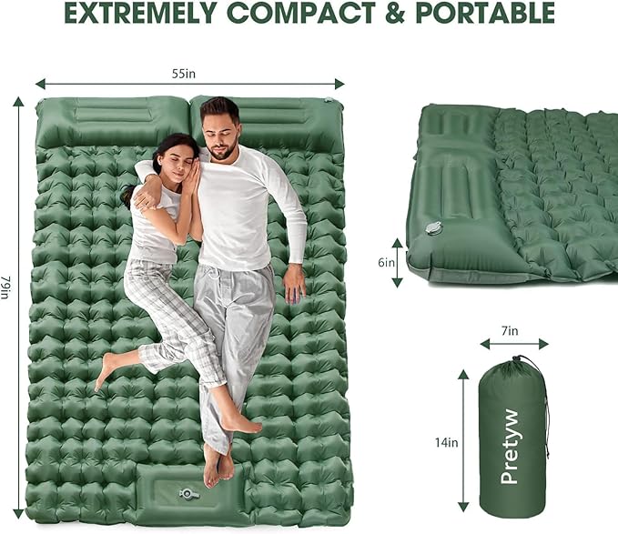 Double Sleeping Pad for Camping, Ultralight Camping Mattress with Pillow, Built-in Foot Pump, Thick Self-Inflatable 2-Person Portable Mat for Backpacking Hiking Car Traveling Beach Tent