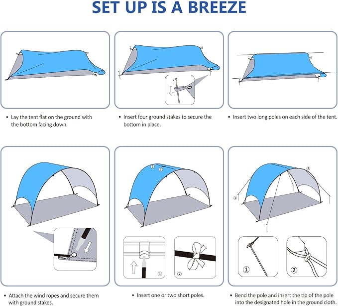 Beach Tent - Beach Shade Canopy Compact Fold (16.9x3.9″), Own Patent, 360° Ventilation, Large Side Storage Pocket, UV Protection Portable Sun Shelter for Beach (Blue, 106 * 65 * 61″)