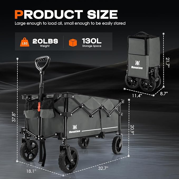 Navatiee 130L Collapsible Wagon - Large Capacity Folding Cart With Silent All-Terrain Wheels for Camping, Shopping, Outdoor - Grey