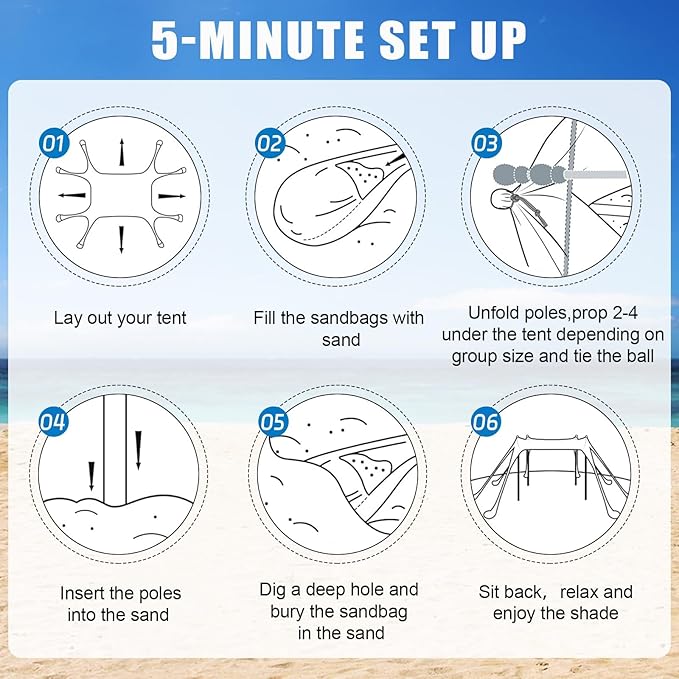 Beach Tent,10x10ft Sun Shelter UPF50+ Includes 8 Sandbags and Ground Pegs-2 Sand Shovel-4 Aluminum Poles-Carrying Bag,Beach Canopy for Camping Trips,Fishing,Backyard Fun or Picnics.