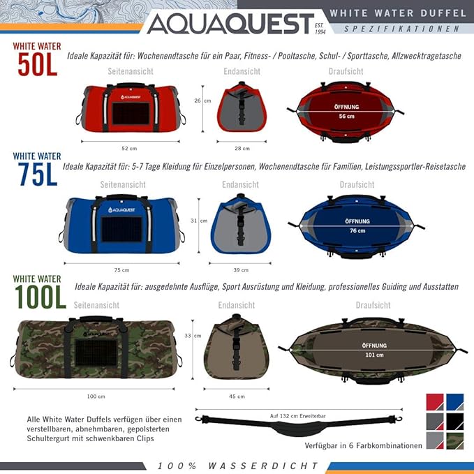 AquaQuest White Water Duffel - 100% Waterproof, Heavy Duty, Versatile, Comfortable - Durable Protective Dry Bag for Travel, Sport, Motorcycle, Boat, Fishing - 50, 75, or 100 L