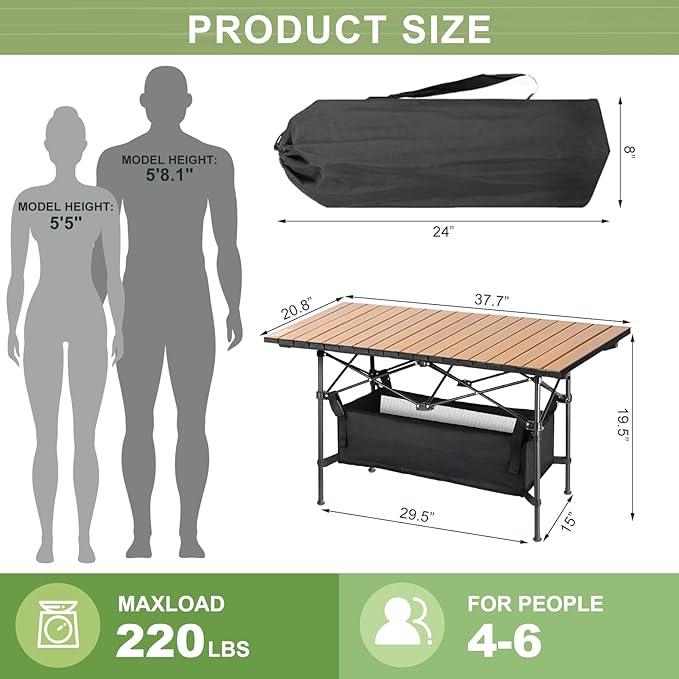 Folding Camping Tables that Fold Up Lightweight,Aluminum Roll Up Camping Table for 4-6 Person Camp Table with Large Storage and Carrying Bag for Outdoor, Picnic, Backyards, BBQ, Beach, 220 Lbs