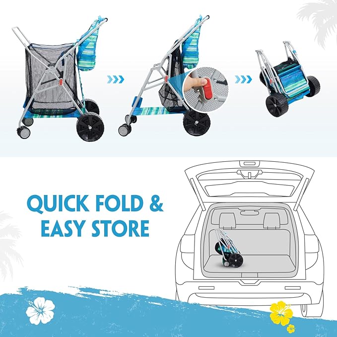 Beach Cart with Big Wheels for Sand, Collapsible All-Terrain Beach Wagon with Cooler Bag & Umbrella Holder, Large Mesh Storage, Supports 100lbs for Camping, Outdoor, Shopping, Blue
