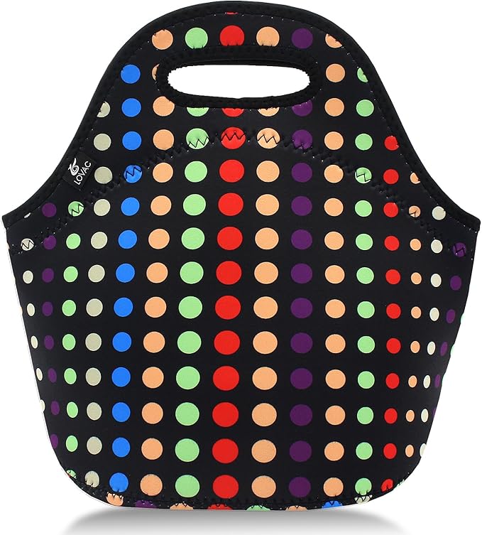 LOVAC Neoprene Lunch Bag, Thick Insulated Lunch Bag - Durable & Waterproof Lunch Tote With Zipper For Outdoor Travel Work School (Small Colorful Dot)